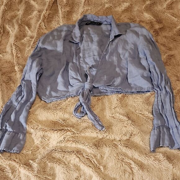 Zara Women's Blue Tie-Front Crop Top - Picture 1 of 3